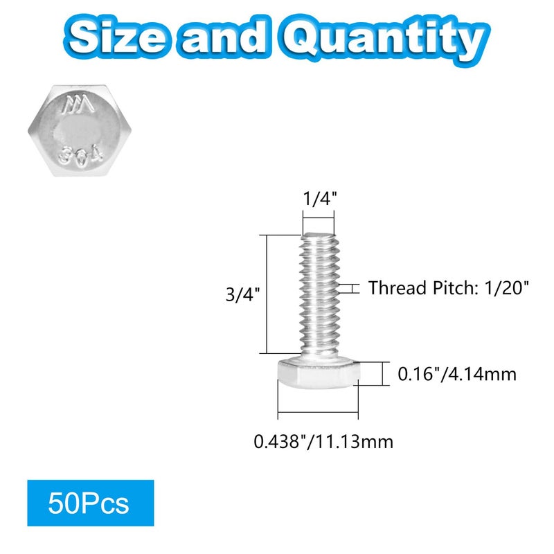 Yinpecly 50Pcs 1/4-20 x 3/4" Hex Bolts,1/4"-20 Hex Head Cap Screws Hexagon Bolts, 304 Stainless Steel, External Hex Drive, UNC Coarse Thread Fully Threaded - Image 2